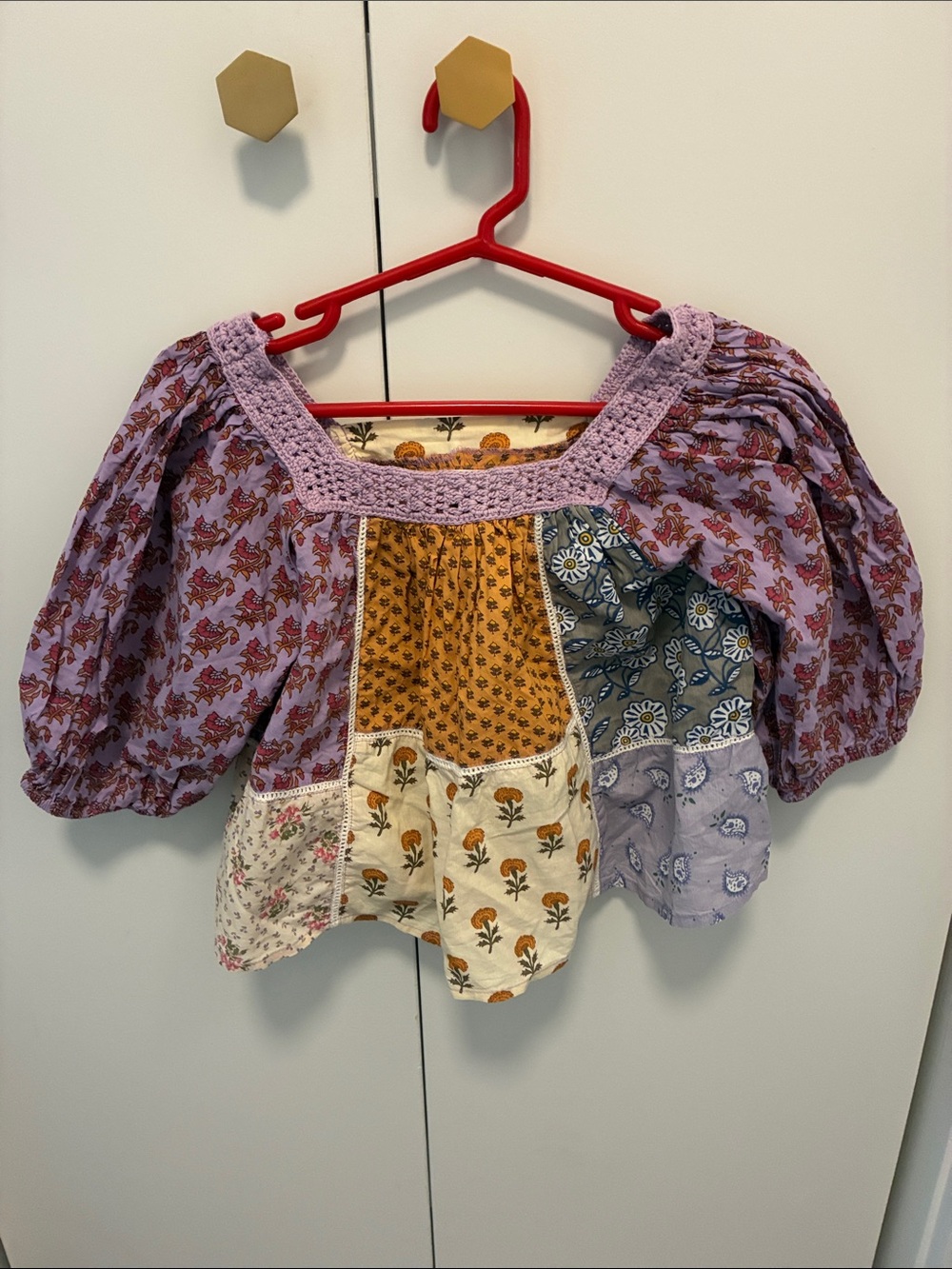 Zara Lavender Patchwork Peasant Top with Mustard & Blue Panels